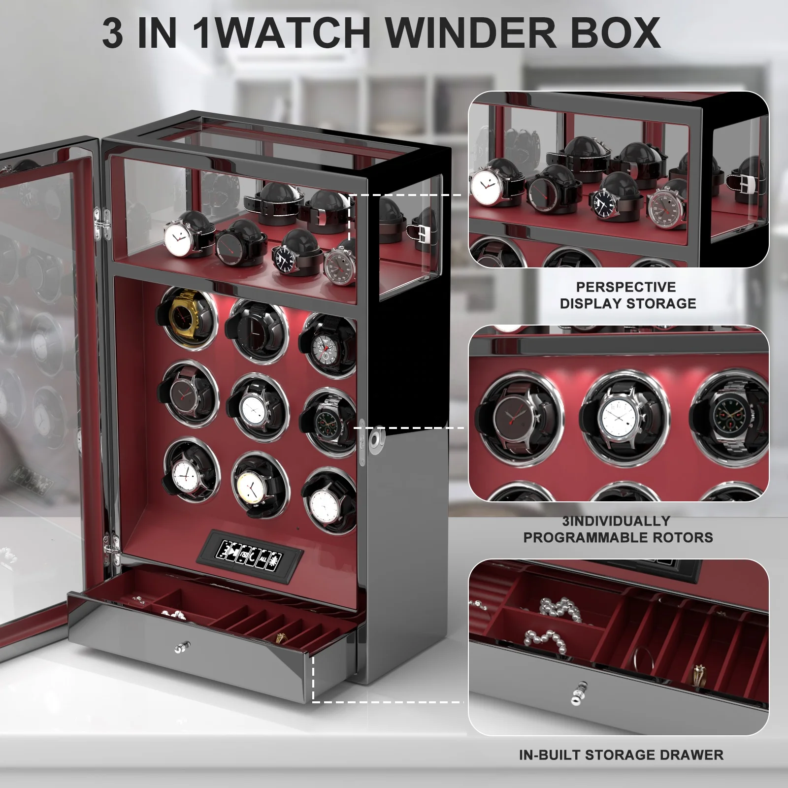 Patent Design 3 6 9 Slot Watch Winder Biometric Fingerprint Lock Watch Winder Box Automatic with Fingerprint