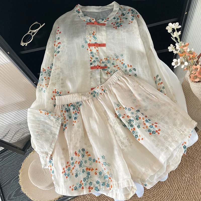 

2026 Shorts Pant Set Women Two Piece Sets Round Neck Spring Print Floral Tops Short Pants Elastic Waist Y2k Streetwear Casual