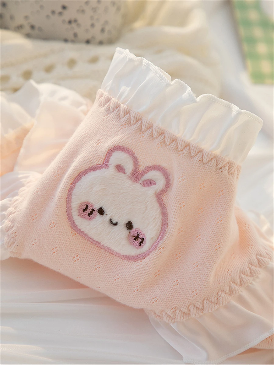 Japanese Sweet Student Style Lolita Girls Panties Kawaii Embroidery Rabbit Cherry Cute Broken Flowers Ruffle Women Briefs