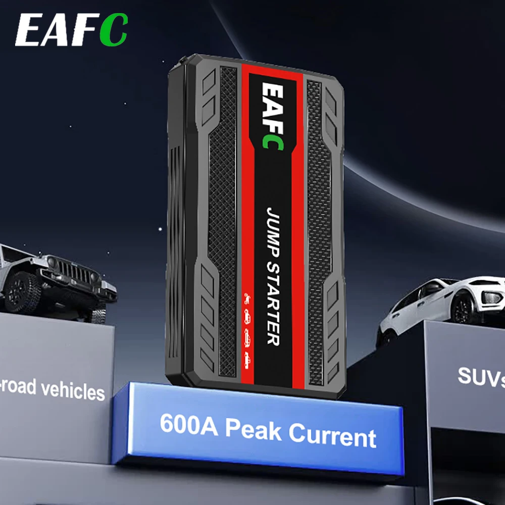 EAFC 600A Prąd szczytowy 12V Przenośny rozrusznik samochodowy z funkcją awaryjnego oświetlenia LED i powerbankiem USB do pojazdów z silnikiem benzynowym o pojemności 3.0L, motocykli, SUV-ów, pickupów.