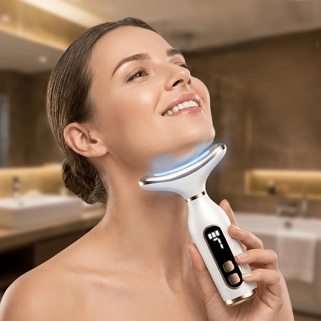 7 Color LED Light Therapy Neck Face Massager EMS Facial Beauty Device LCD Display Skin Tightening Anti Aging Face Lift Tool