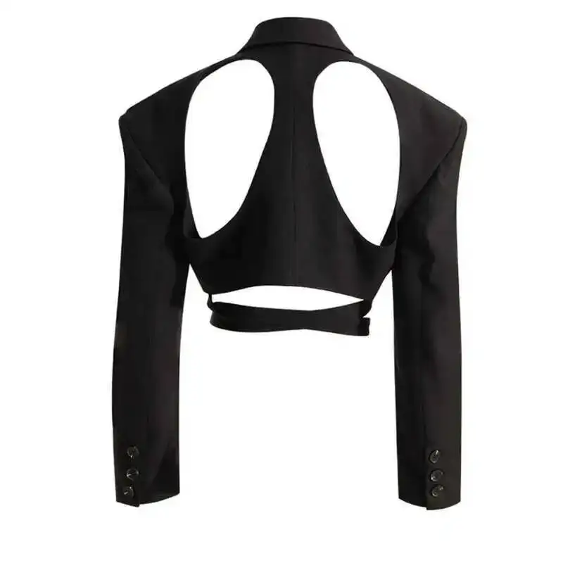 HKSH Women Short Jacket Tide Dark Style Hollow Out Design Bandage Long Sleeves Punk Blazer Fashion Trendy Niche Suit-Coat HK3064