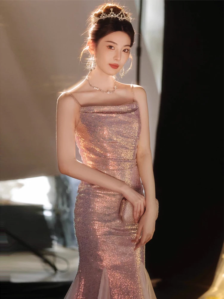 

Pink Evening Gown Women's 2025 New Host Fi Tail Sequin High End Luxury Small Croed Strapl Dr Autumn Season