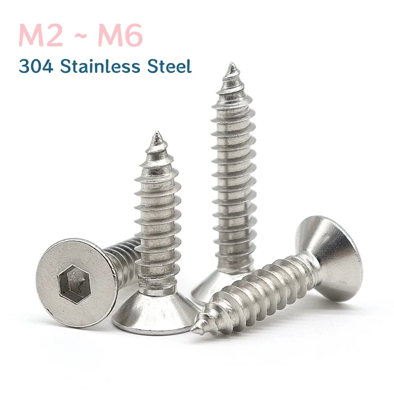 M2 M2.5 M3 M3.5 M4 M5 M6 304 Stainless Steel Hexagon Hex Socket Flat Countersunk Head Self Tapping Screws Bolt