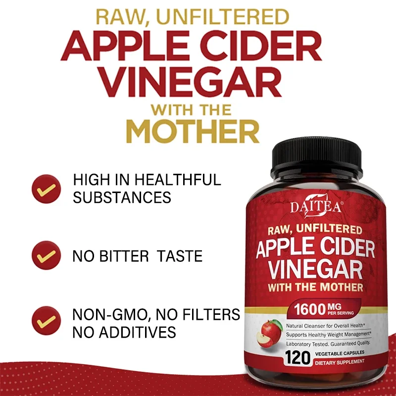 Raw Organic Apple Cider Vinegar (with Mother Vinegar) - Gut Health, Digestion, Weight Management - Natural Vegetarian Capsules