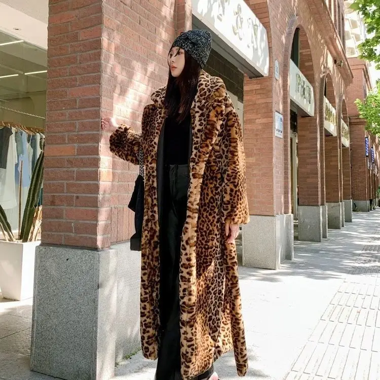 2026 Europe America Women Leopard Print Faux Fur Coat, Loose Long Plush Warm Plus Size Overcoat