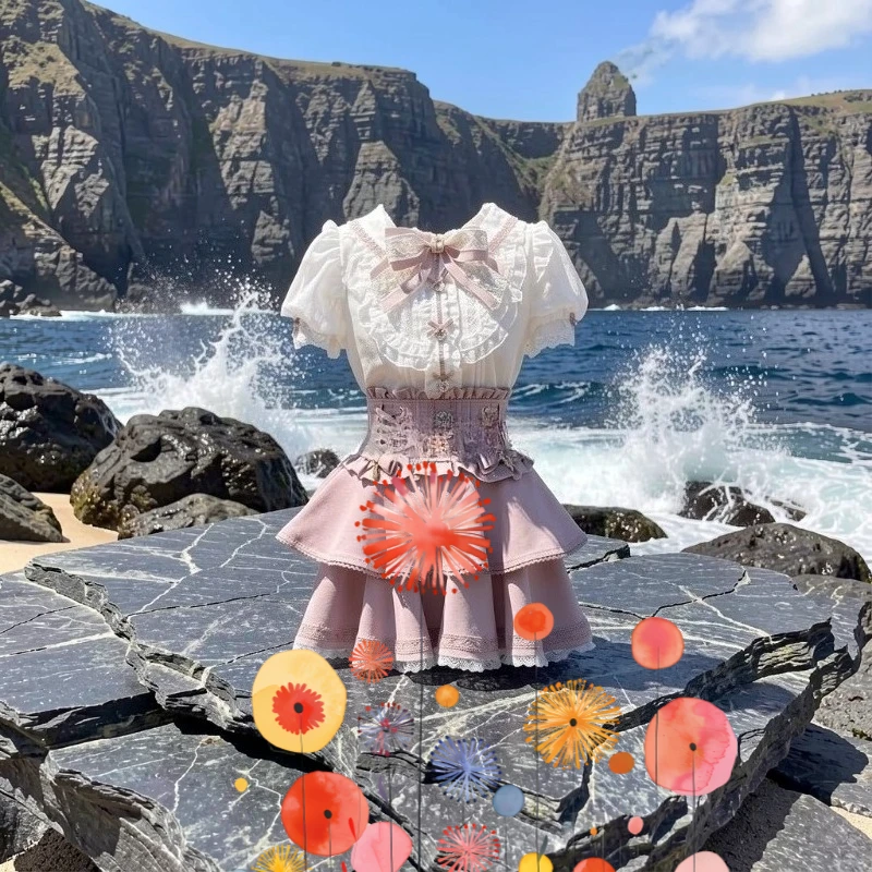 

Летняя универсальная блузка в японском стиле для девочек: с воротником «Питер Пэн», большим бантом, кружевом и пышными короткими рукавами. Хит продаж!