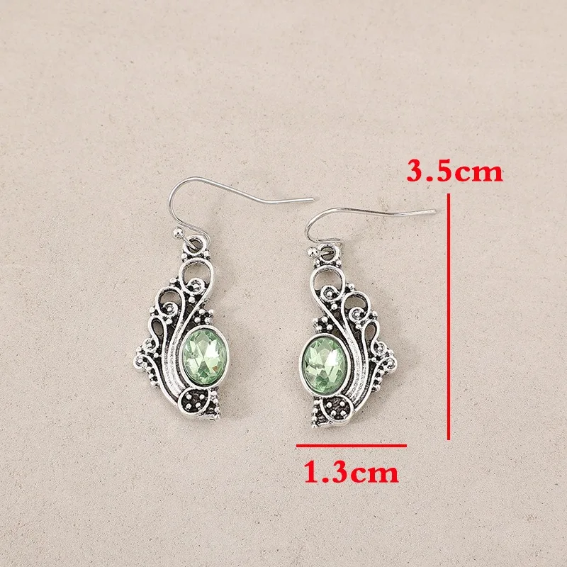 Vintage Silver Color Oval Green Stone Earrings Ethnic Metal Carving Pattern Dangle Earrings for Women Jewelry