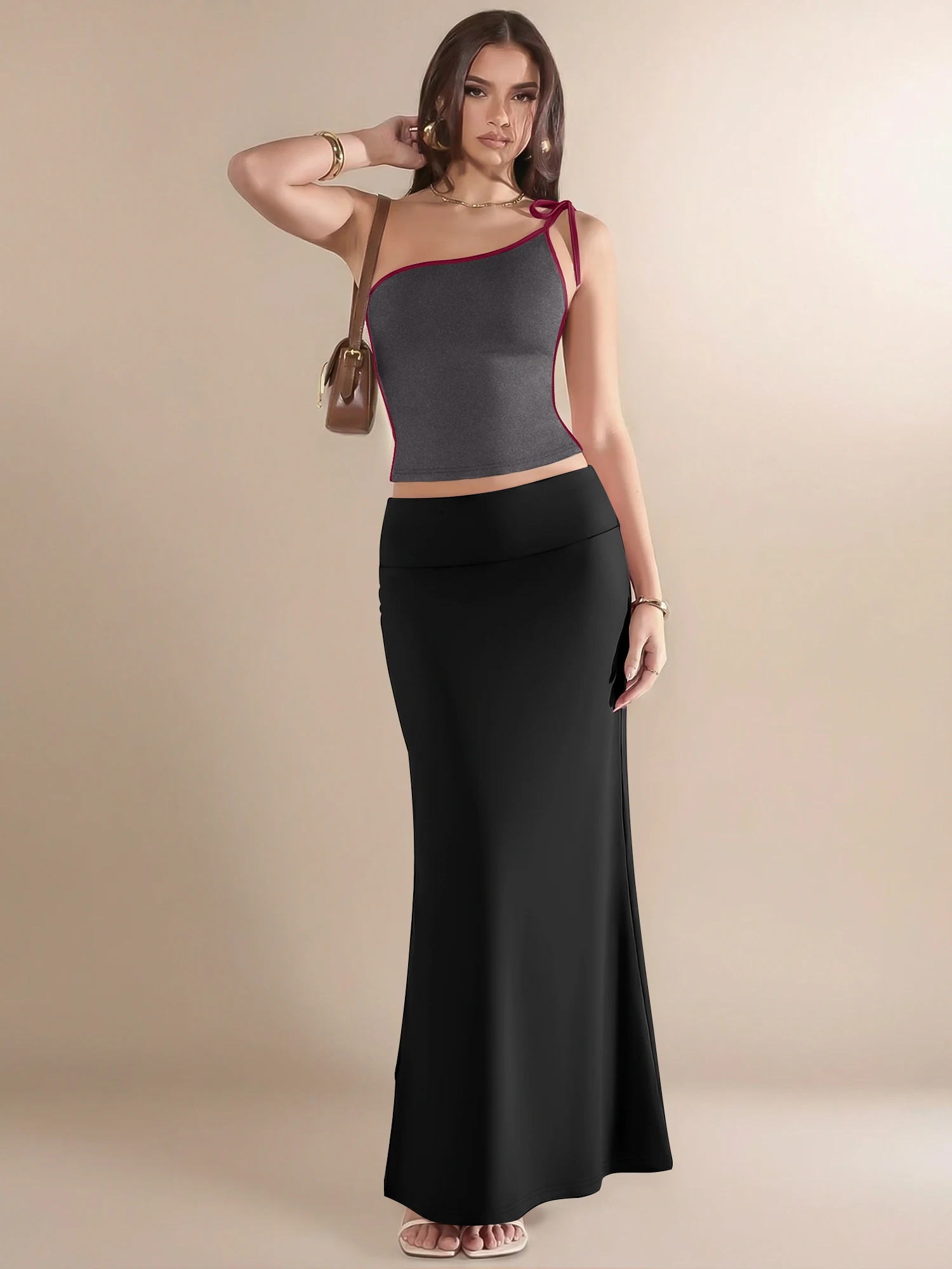 

Women Fashion One Shoulder Tie Back Tops & Flared Long Skirt Set High Waist Casual Party Streetwear 2 Piece Outfit