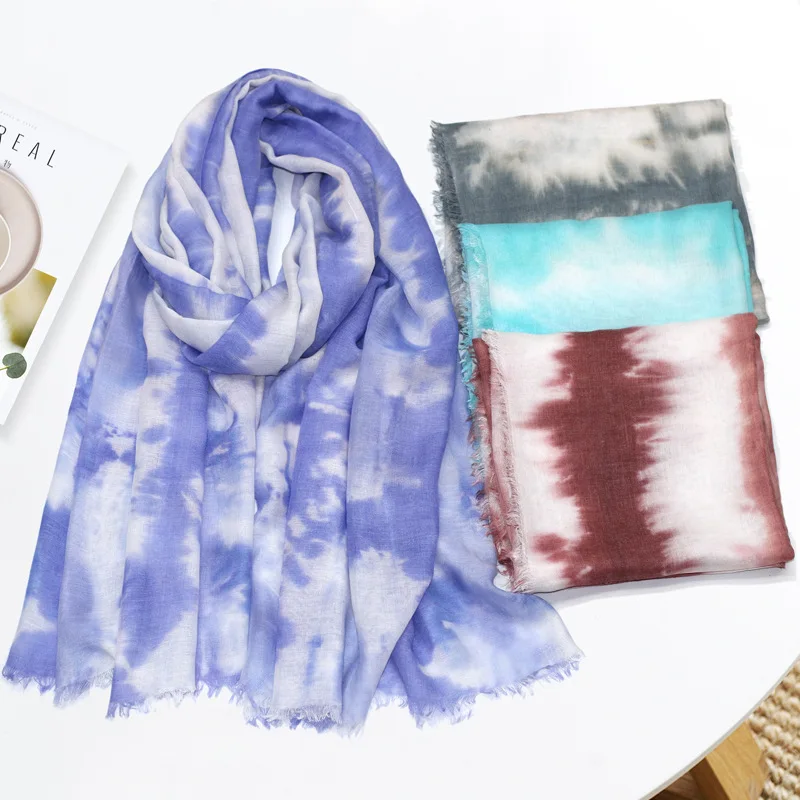 Tie-dyed Cotton Linen Hijab Scarf for Women Versatile Sunscreen Beach Towel Shawl Head Scarf Headwraps Autumn Winter New