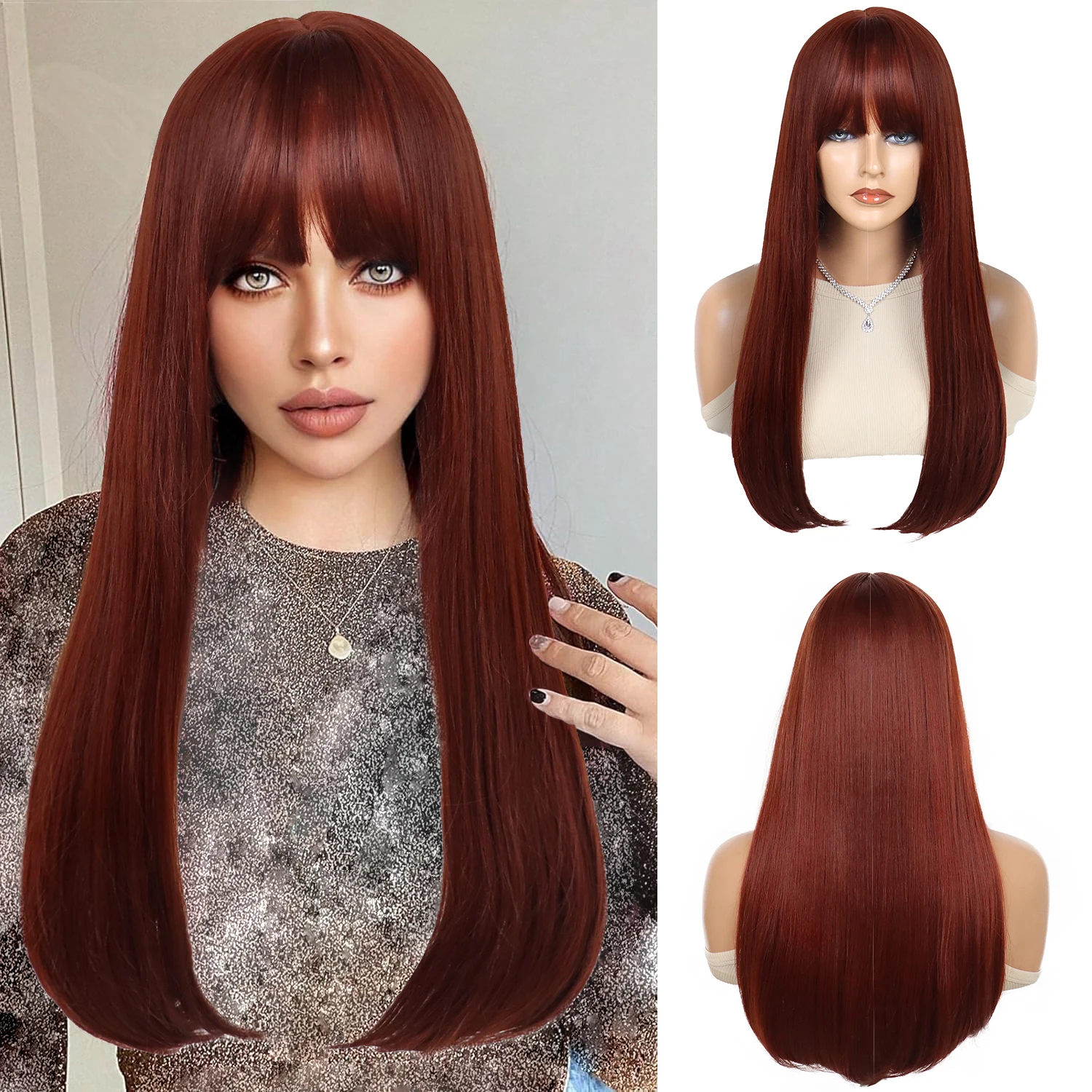 

Wine Red Wig with Bangs Synthetic 24 Inch Long Straight Wigs for Women Daily Cosplay Wig Female Drag Queen Halloween Costume