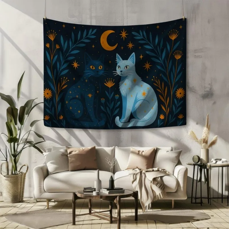 VIKAMA Orange Tabby Cat Tapestry Wall Hanging Cute Kitten Mushroom Forest Folk Art Floral Aesthetic Wall Art Bedroom Dorm Decor