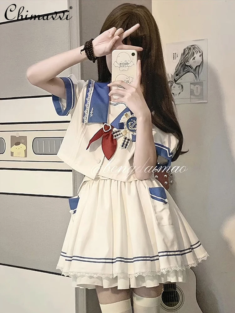 

Sailor Suit JK Uniform Skirt Sets Summer Naval Preppy Style Short Sleeve Top Short Skirt Blue Ladies Two-Piece Set Y2k Outfits