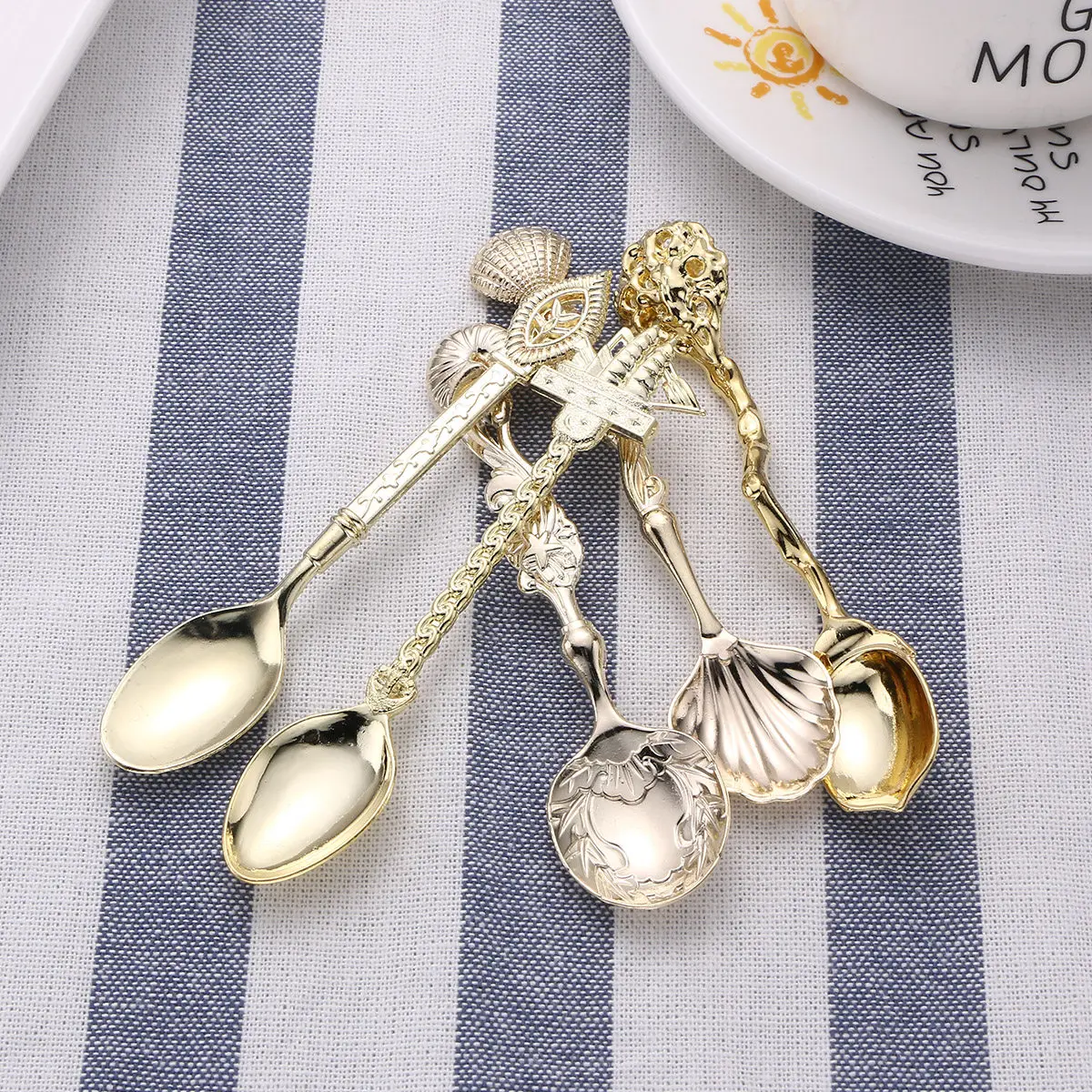 

5pcs Stainless Steel Coffee Spoon Set Vintage Golden Retro Design Fine Polished Mirror Finish For Tea Cappuccino Dessert Sugar