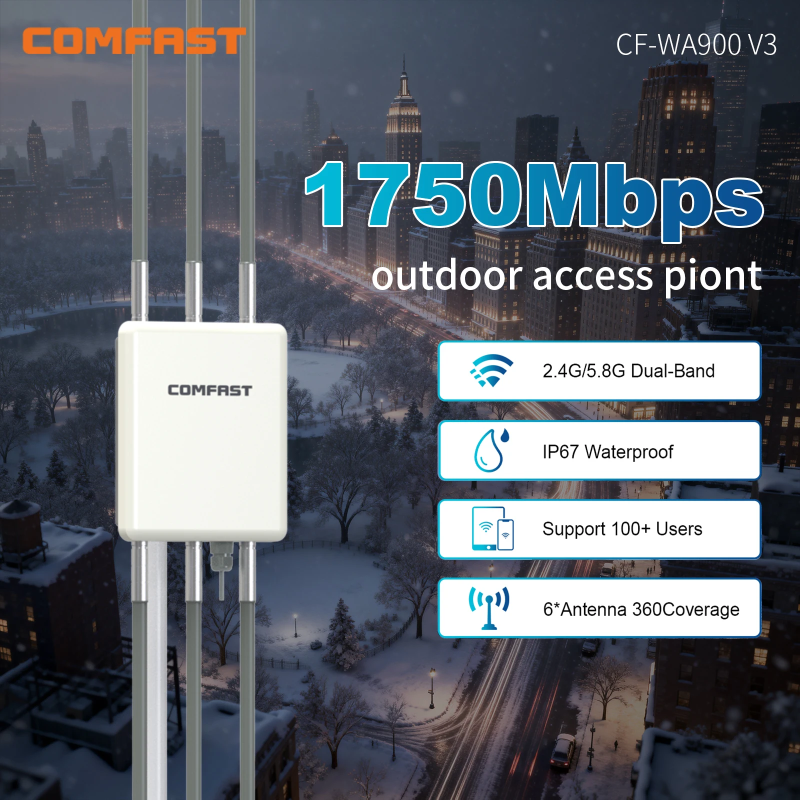 

Точка доступа Comfast 1750 Мбит/с для улицы, 2.4G+5.8G WiFi AP, высокая мощность, IP67, усилитель Wi-Fi с 6 антеннами, 48V POE, усилитель сигнала Wi-Fi.
