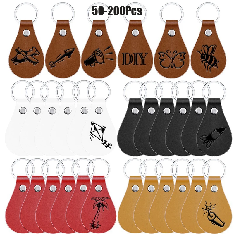 50-200Pcs Wholesale Blank PU Leather Key Fob Water Drop Keychain with Metal Key Ring Craft