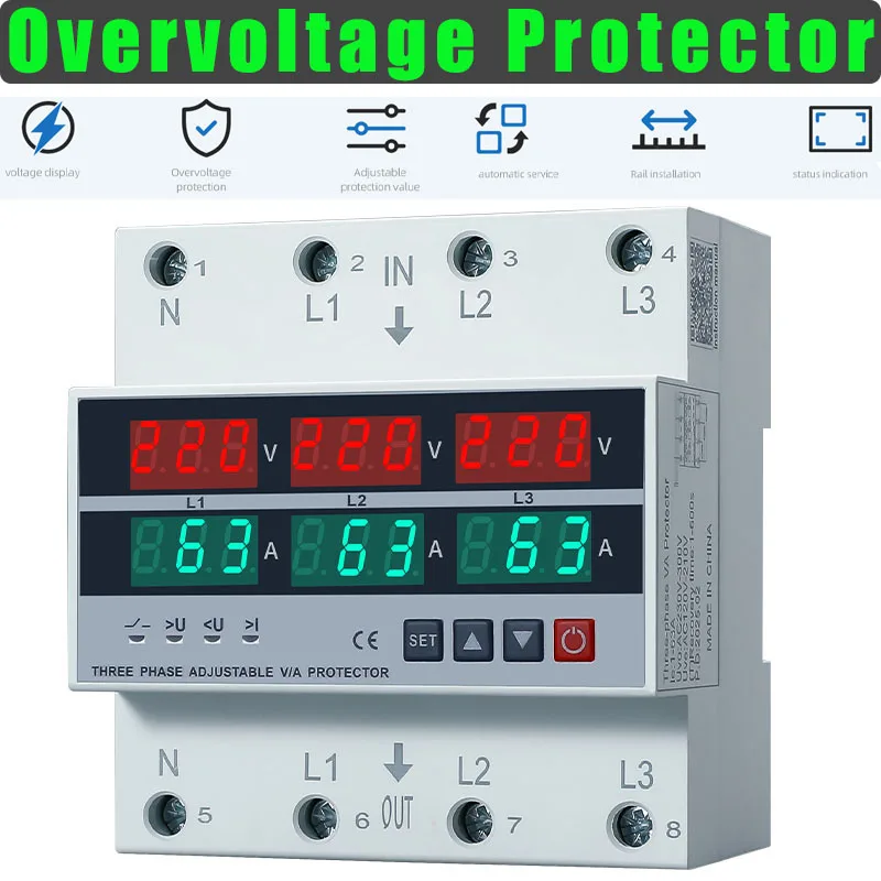 3-fase over- en onderspanningsbeveiliging Verstelbare overstroombeveiliging Din-rail Voltmeter Ampèremeter Relaisbeschermer 63A / 100A