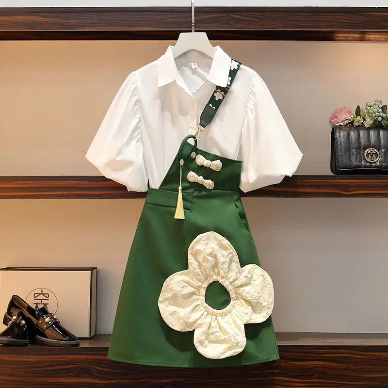 Women Shirts Dress Sets Solid 3D Puff Short Sleeve Strap Retro Kawaii Design Trendy Elegant Summer New All-match Preppy Ulzzang