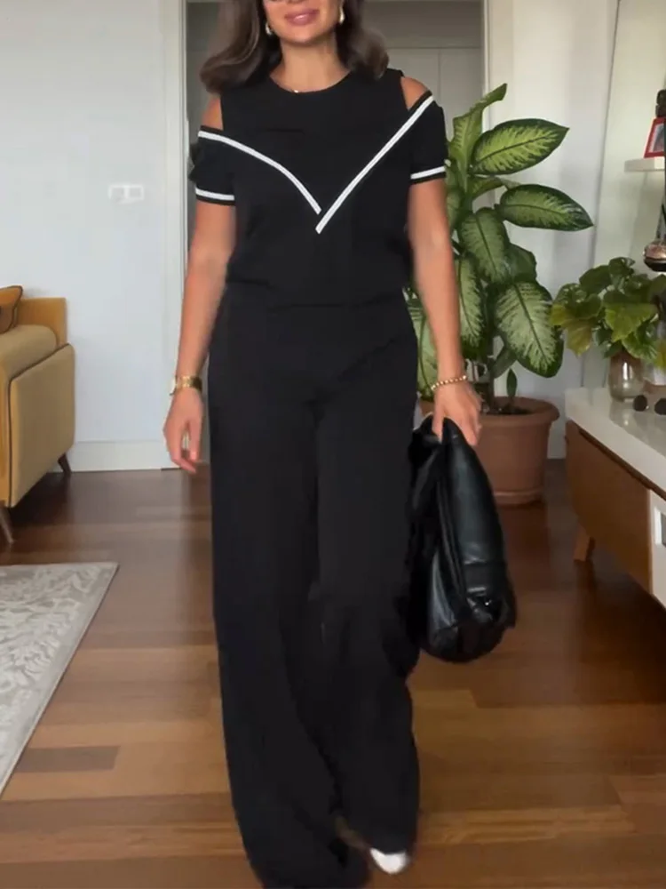 Drauuing Female Slim Black Pants Outfits Women Elegant Office Long Pants Two Piece Set Lady Wide Leg Pants Summer Straight Suit