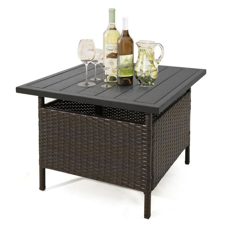 Black square patio with umbrella holes, side table, courtyard garden