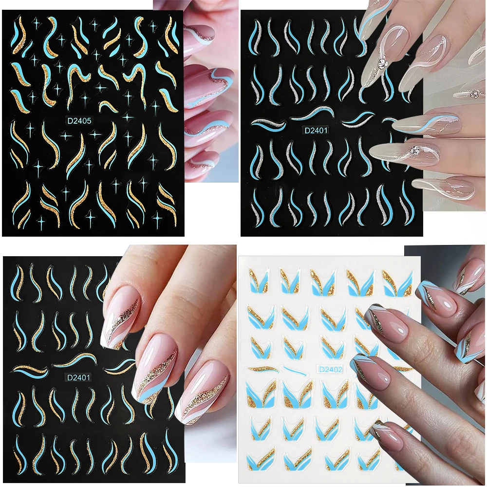 6 pçs 3d brilhante linha francesa adesivos de arte do prego azul ouro prata brilhante glitter auto-adesivo decalques de design francês para manicure diy