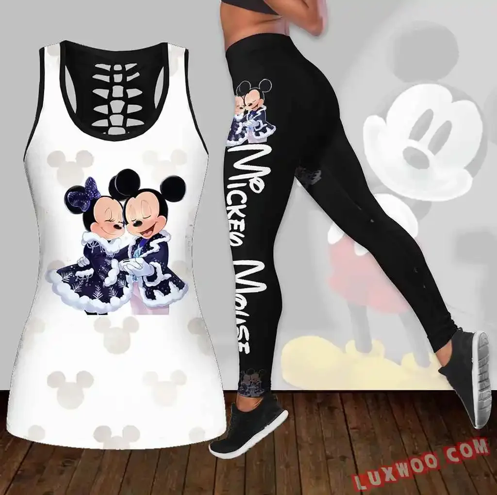 Disney Minnie Women\'s Hollow Vest + Women\'s Leggings Yoga Suit Fitness Leggings Sports Suit Disney Tank Top Legging Set Outfit