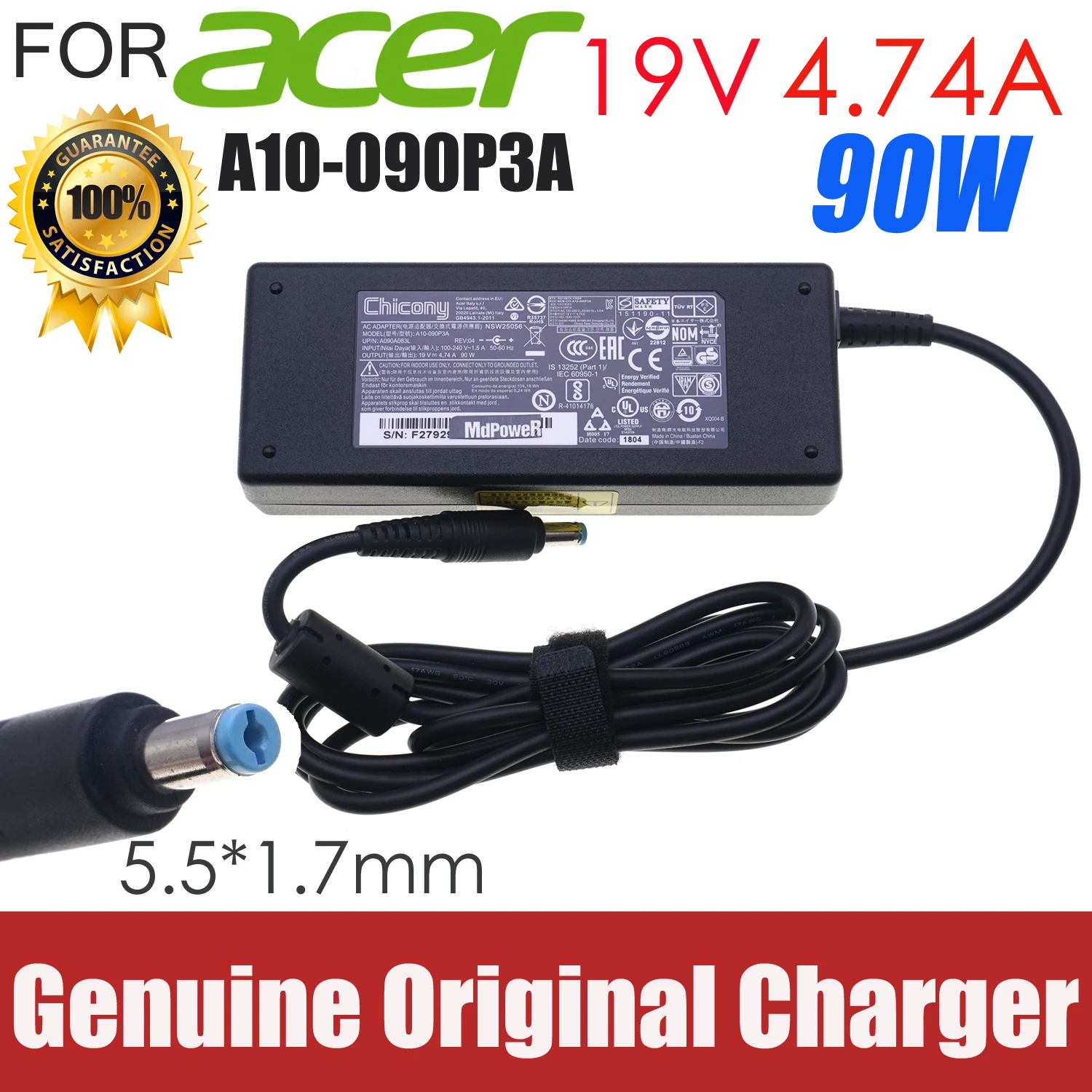Original Chicony A10-090P3A 19V 4.74A 90W A090A029L PA-1900-34 AC Power Adapter For ACER ASPIRE V5-473PG V5-573G Laptop Charger