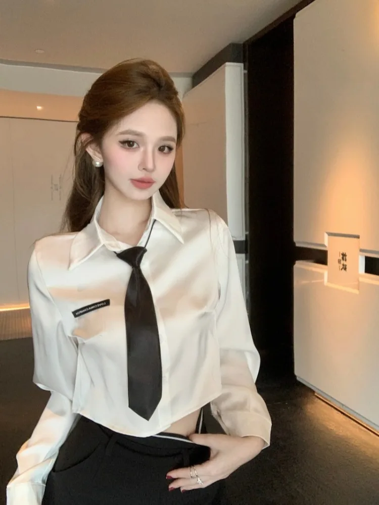 

Elegant Short Satin Shirt Women's Design Sense Tie Collar Dumpling Sister Top Korean Style Straight Tube Long Sleeve