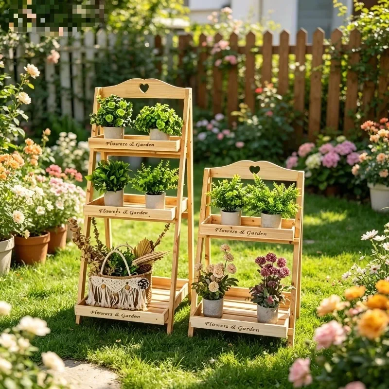 American retro solid wood country flower stand several steps floor-to-ceiling multi-layer square shelf balcony flower table orna