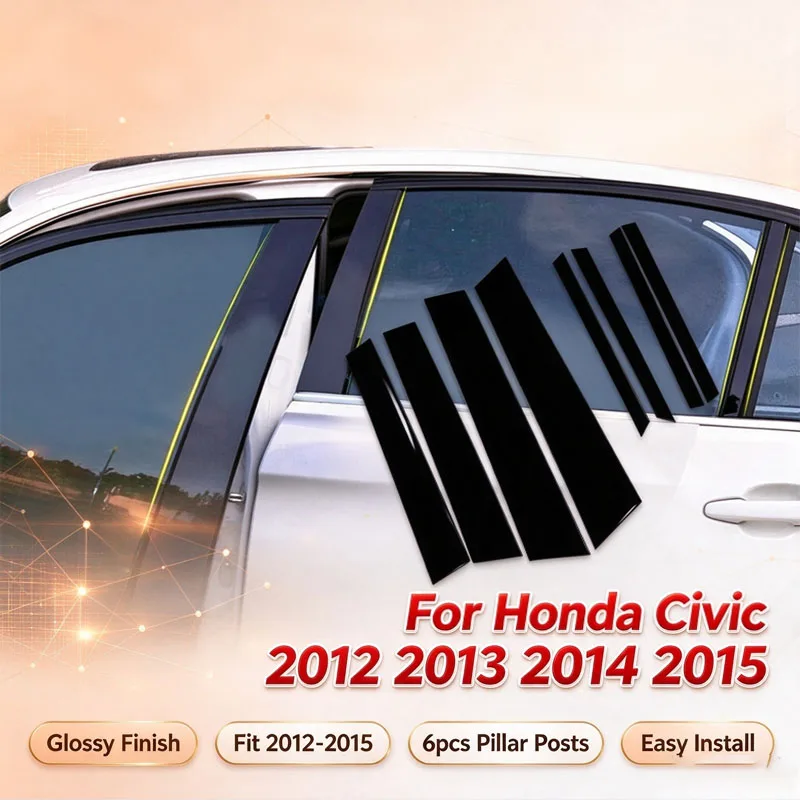 For Honda Civic 2012 2013 2014 2015 Glossy Black Pillar Post Door Window Moulding Trims Cover Stickers Decor Accessories 8PCS
