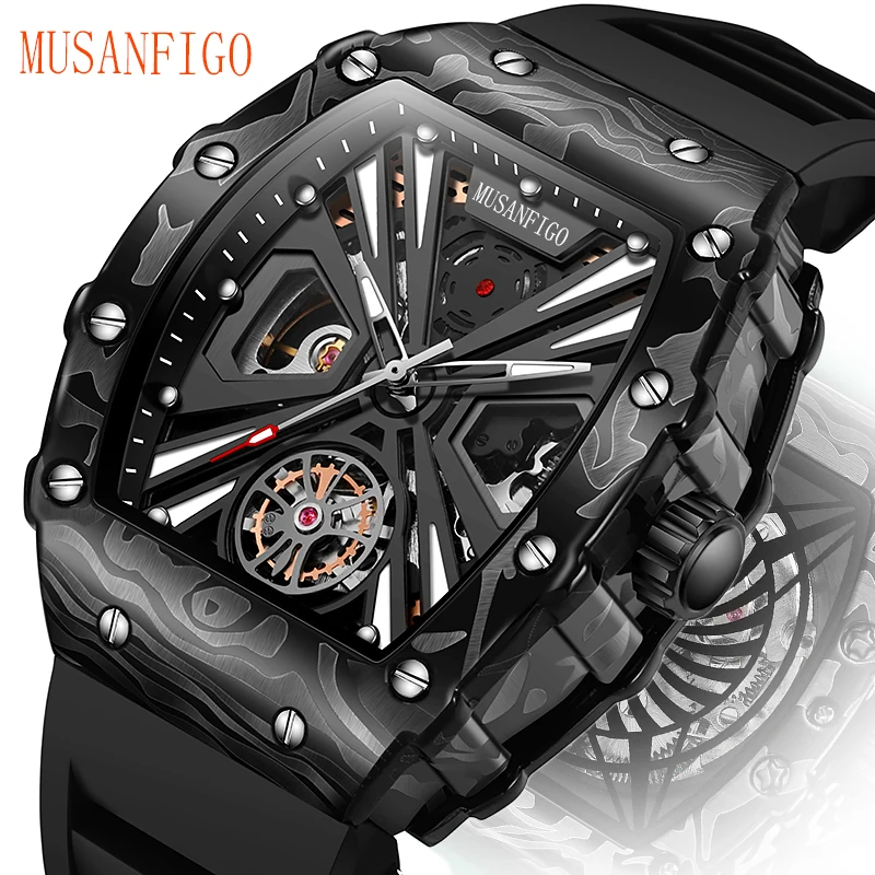 Men\'s barrel shaped fully automatic mechanical watch with hollowed out interstellar battleship design, fashionable and trendy,