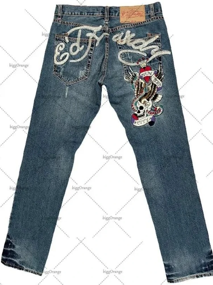 Jeans da uomo streetwear Y2K pantaloni in denim vintage a gamba dritta teschio rosa design con stampa fiamma vestibilità ampia moda retrò punk hip hop