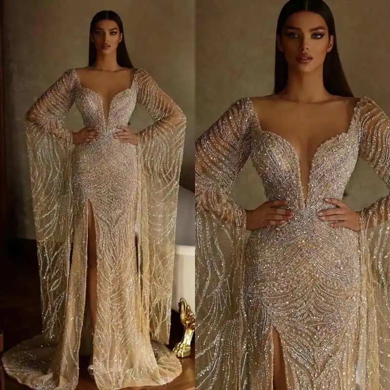 

Glitter Beaded Prom Gowns Deep V Neck Long Sleeve Mermaid Evening Dresses Sequins Front Slit Formal Party Customized