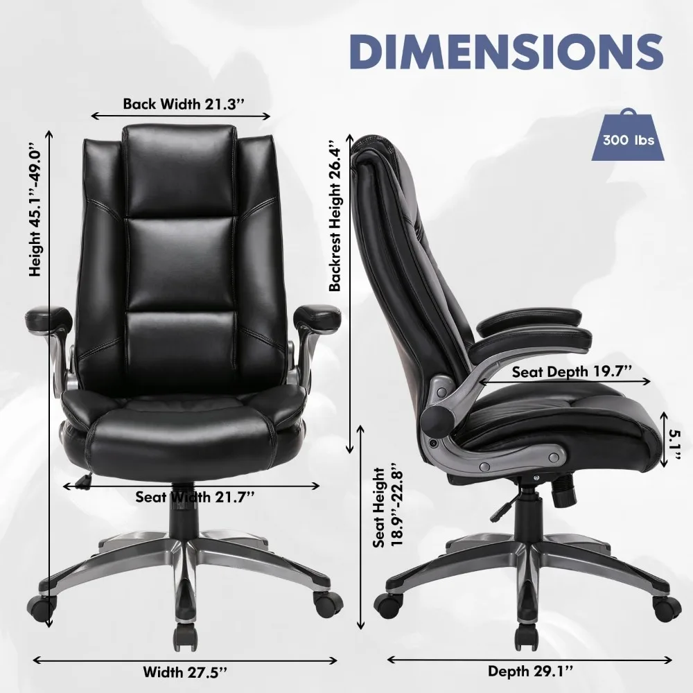 Silla de oficina ejecutiva de cuero: silla de escritorio para computadora en casa con respaldo alto y brazos abatibles acolchados, cerradura de inclinación ajustable, giratoria