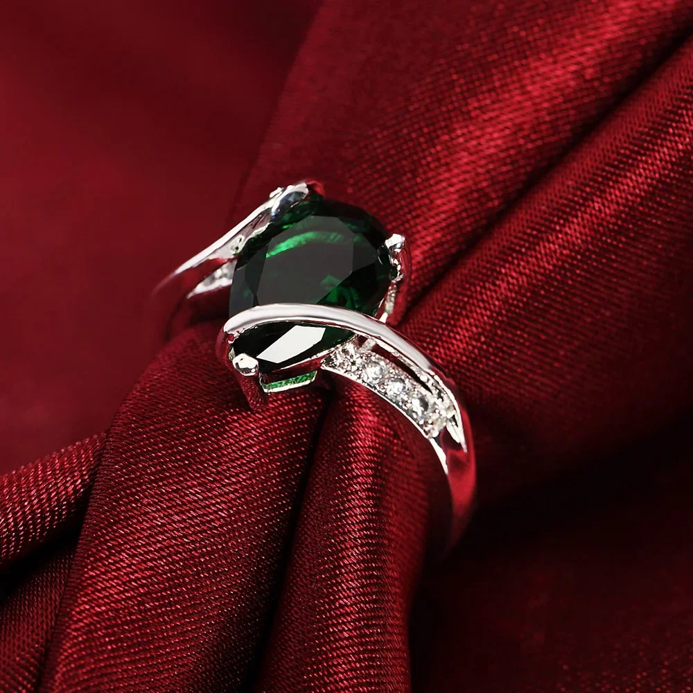 charm 925 Sterling Silver Rings For women green crystal Water droplets size 7 8 Fashion party Gift engagement wedding Jewelry