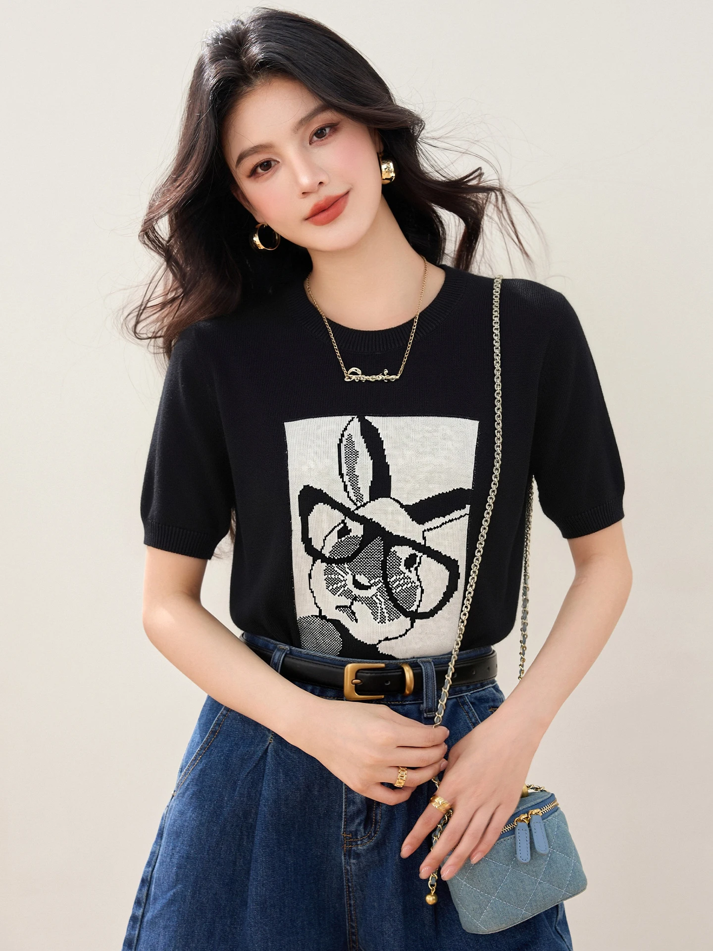 Women's Elegant Cartoon Eye Rabbit Print T-Shirt Summer Fashion Casual Loose Pullover Simple Versatile Short Sleeve Top