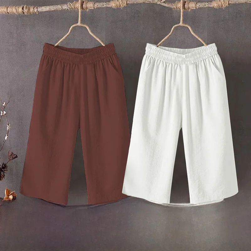 

Pure Cotton High Waist Wide Leg Casual Pants Women's Summer New Style Retro Slim Fit Straight Elastic Waist Seven-Foot Pants