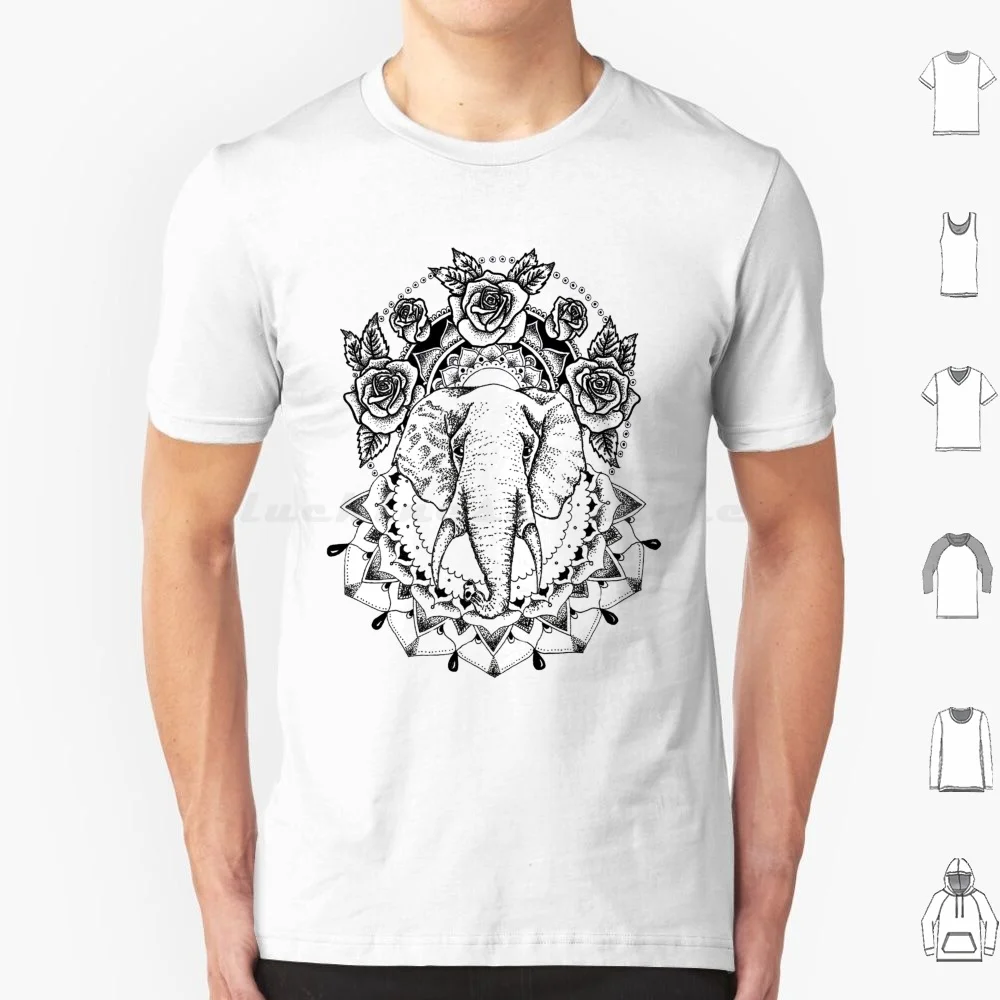 الأزهار الفيل ماندالا تي شيرت الرجال النساء الاطفال 6xl الفيل الأزهار الزهور الورود ماندالا أبيض وأسود غرامة بطانة نقطة العمل