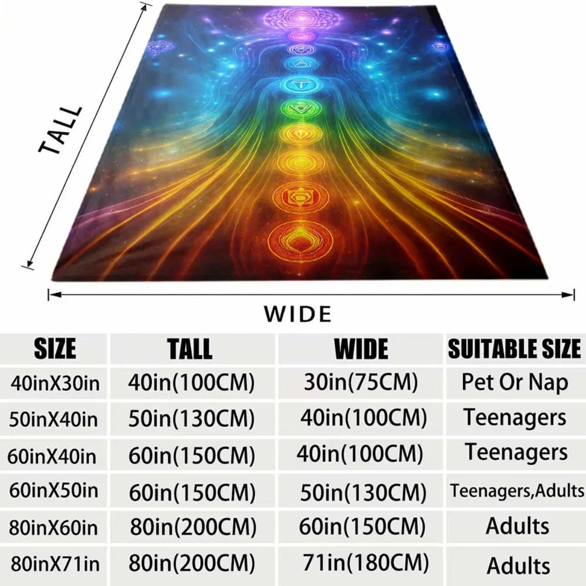 Spiritual Rainbow Chakra Pattern Flannel Blanket Lightweight Warm Plush Throw Blanket Cosmic Energy Chakra Art Decor Blanket