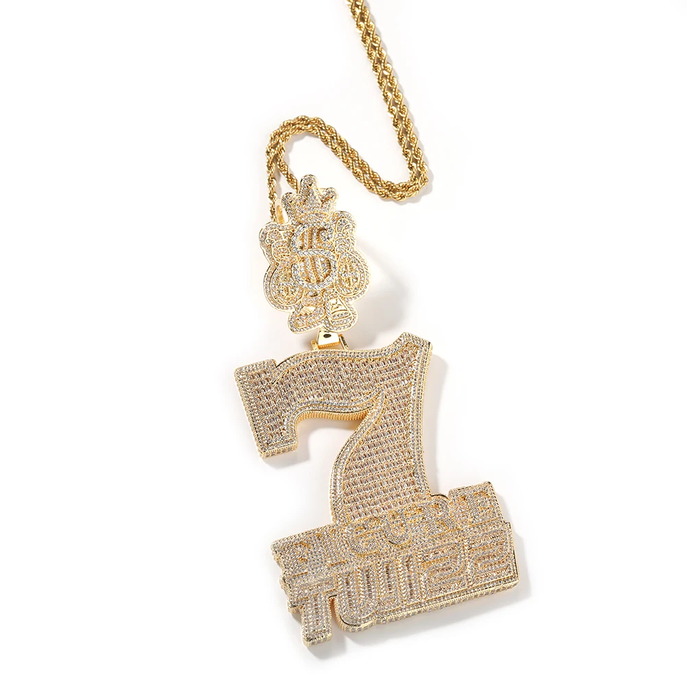 UWIN Big 7 Figures Twizz Pendant with Crown $ Bail for Men Iced Out Prong Setting CZ Pendant Necklace Hip hop Jewelry for Rapper