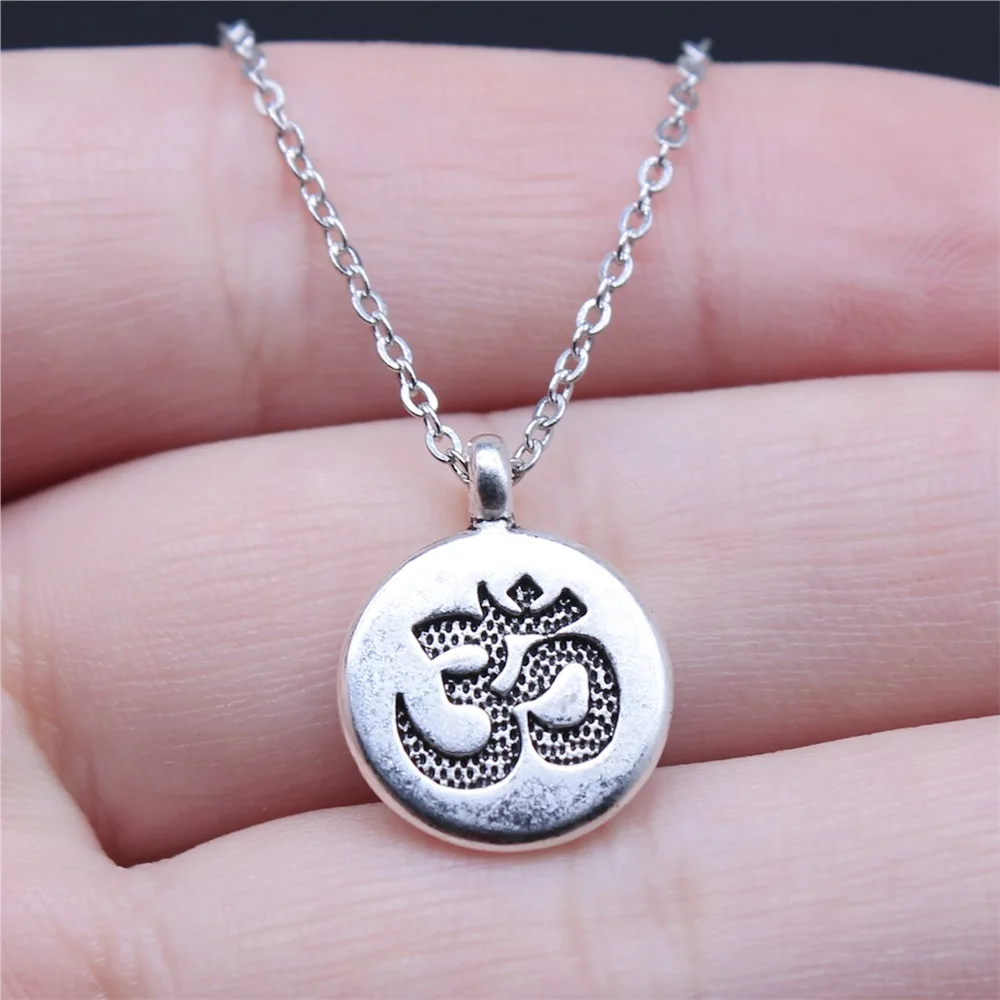 Simple Classic Fashion 19x15mm Antique Silver Color Double-Sided Om Symbol Pendant Women Short Chain Necklaces Choker Necklace