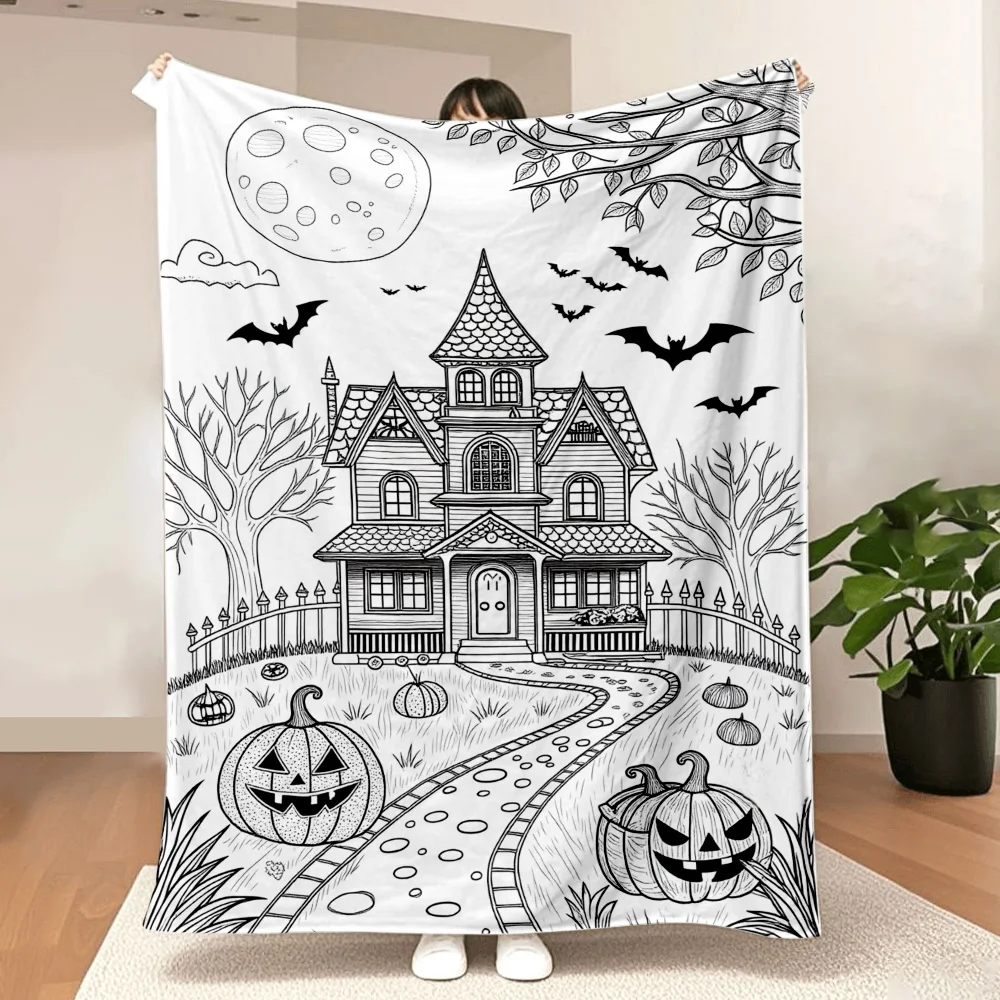 1PC Halloween Haunted House Pattern Blanket-You can doodle your own colors. Great for travel, camping, living room or home decor