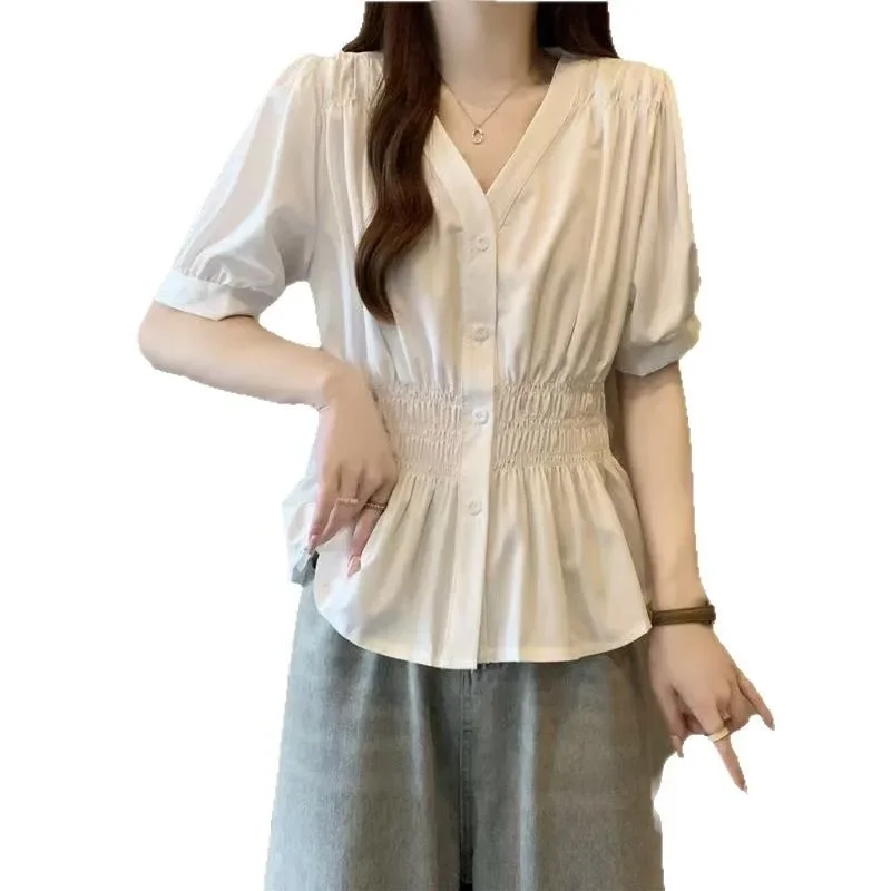 Summer New Tops and Blouses Little A's Clo 2025 Pleated Short Sleeve Shirt Waist Design Skinny Top Large Size Women's Clothing