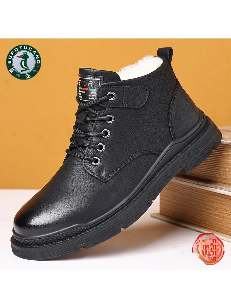 

Теплые мужские зимние ботинки из кожи с флисовой подкладкой, высокие, повседневные, нескользящие, дышащие, с хорошей воздухопроницаемостью