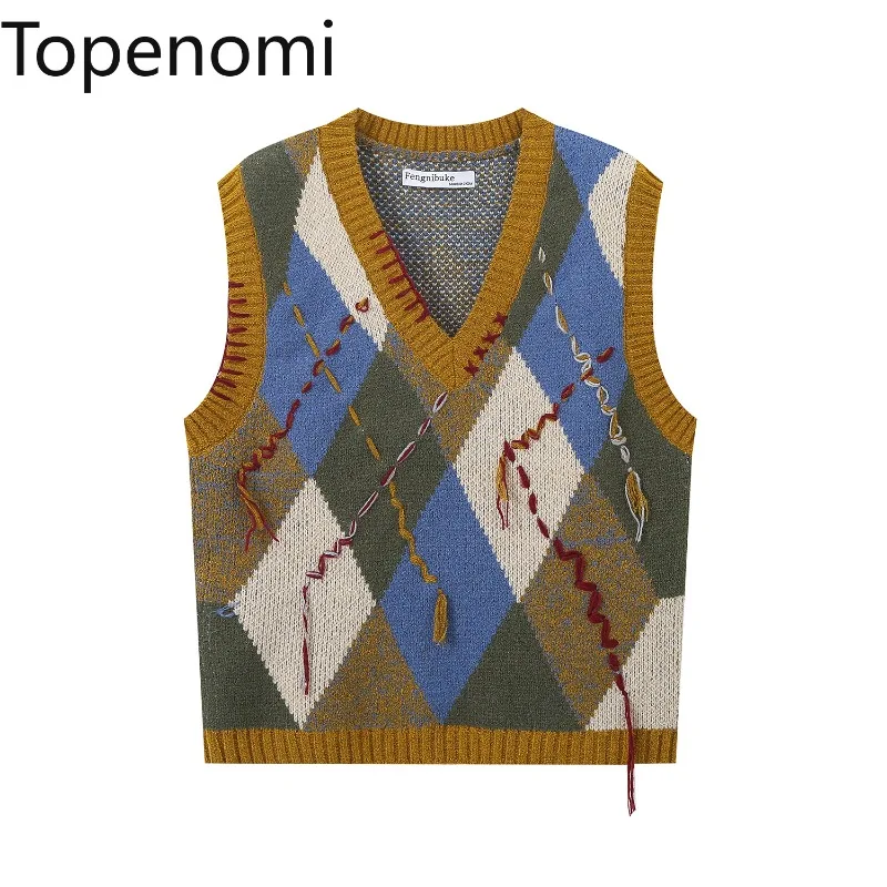 Topenomi Argyle Design Knitted Vest Women Korean Fashion Contrast Color V Neck Sleeveless Sweater Autumn Winter Short Pullover