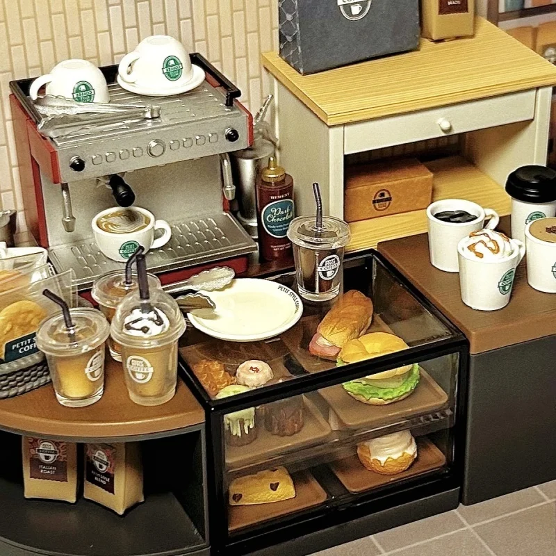 Original re-ment figura estilo pequeno café caixa cega cena em miniatura doces brinquedo talheres ornamento coleção crianças presente