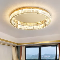 Luces de techo de cristal dorado LED modernas, circular para acero brillante candelabro de sala de estar, dormitorio, decoración del hogar, lámparas de cristal