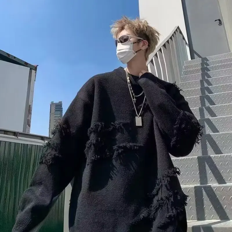 

Large Size Autumn Winter Men's Knitted Sweater with Tassel High Collar Loose Fit Youthful Pure Color Baseball Collar Long Sve