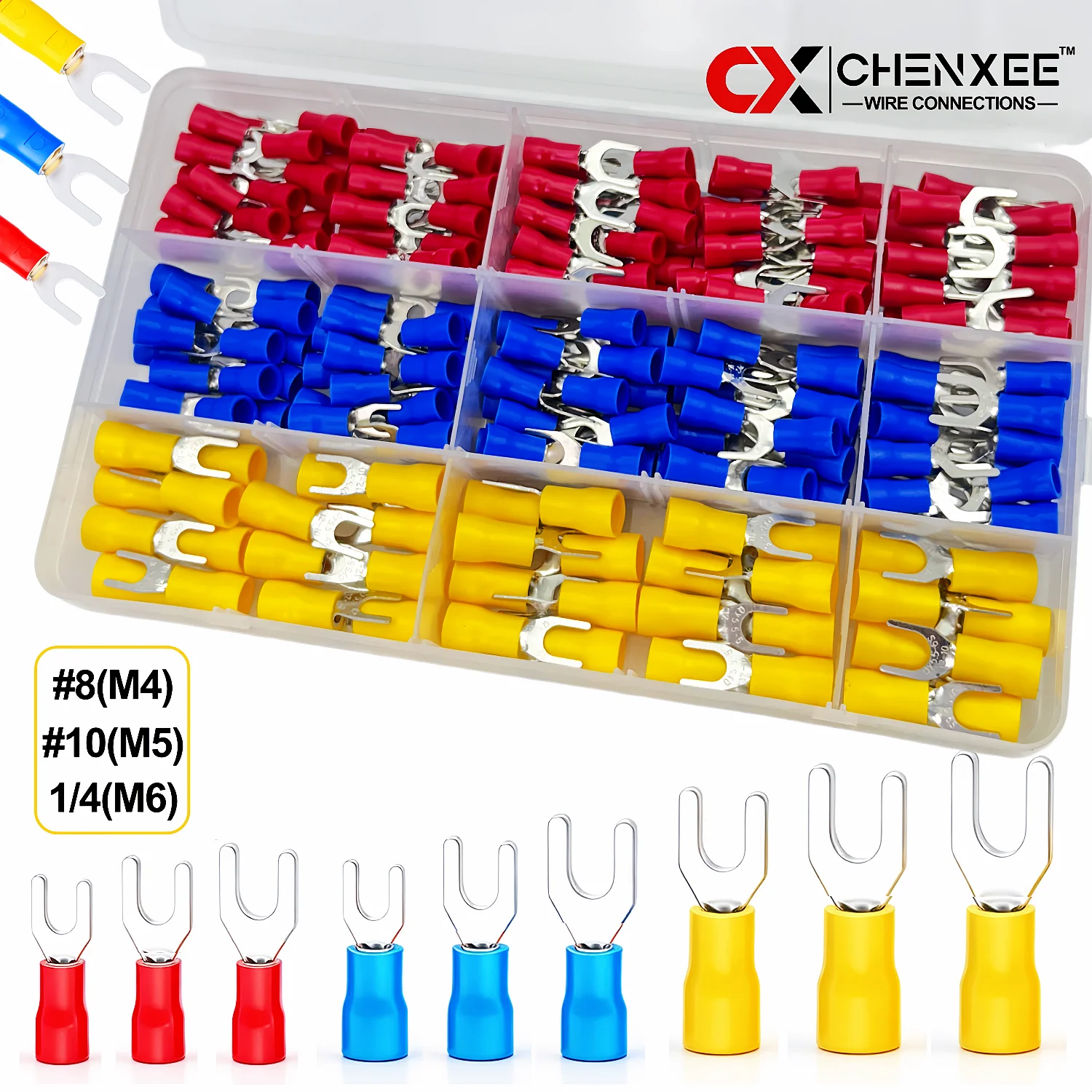 100-280Pcs U-Type Fork Spade Wire Connectors Insulated Crimp Terminals M3 M4 M5 for Automotive Marine Industrial Wiring Repair