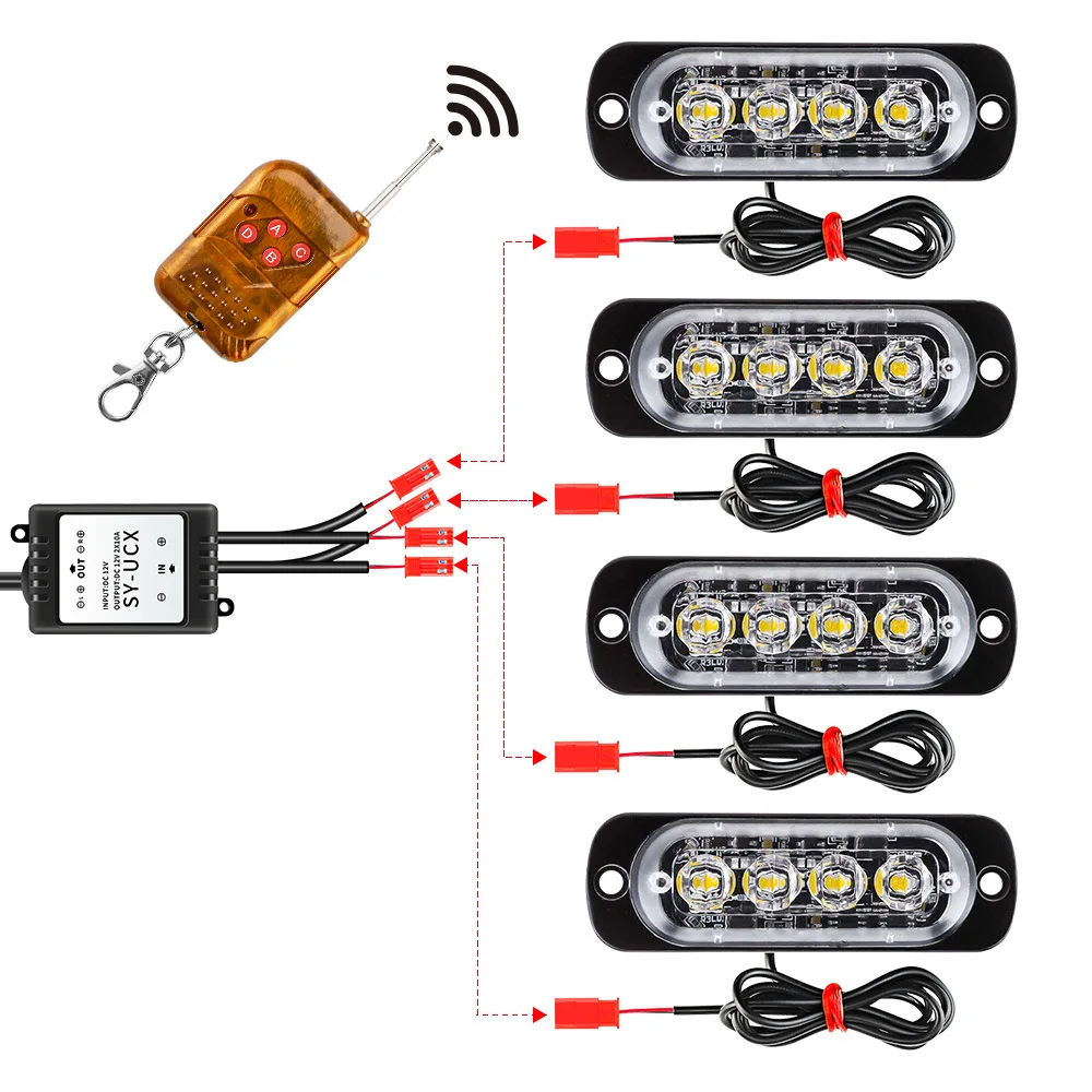 4 LED Strobe Light Bars with 16 Flash Patterns and Wireless Remote Control for Vehicles Including Cars Trucks SUVs Boats